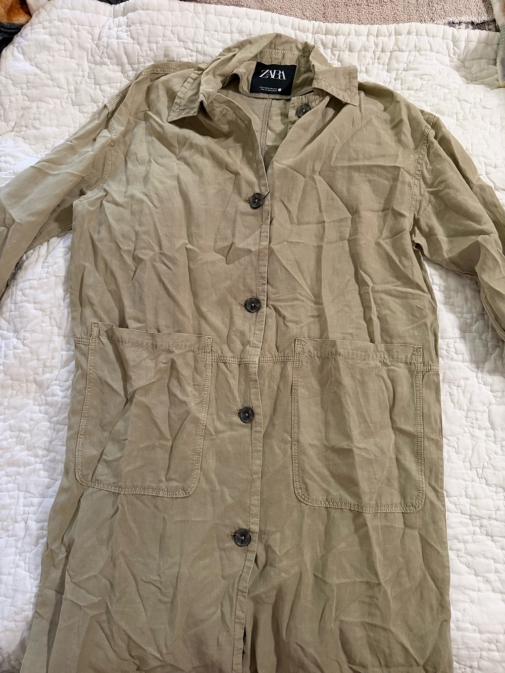 ZARA Khaki Button-Front Long Trench Coat